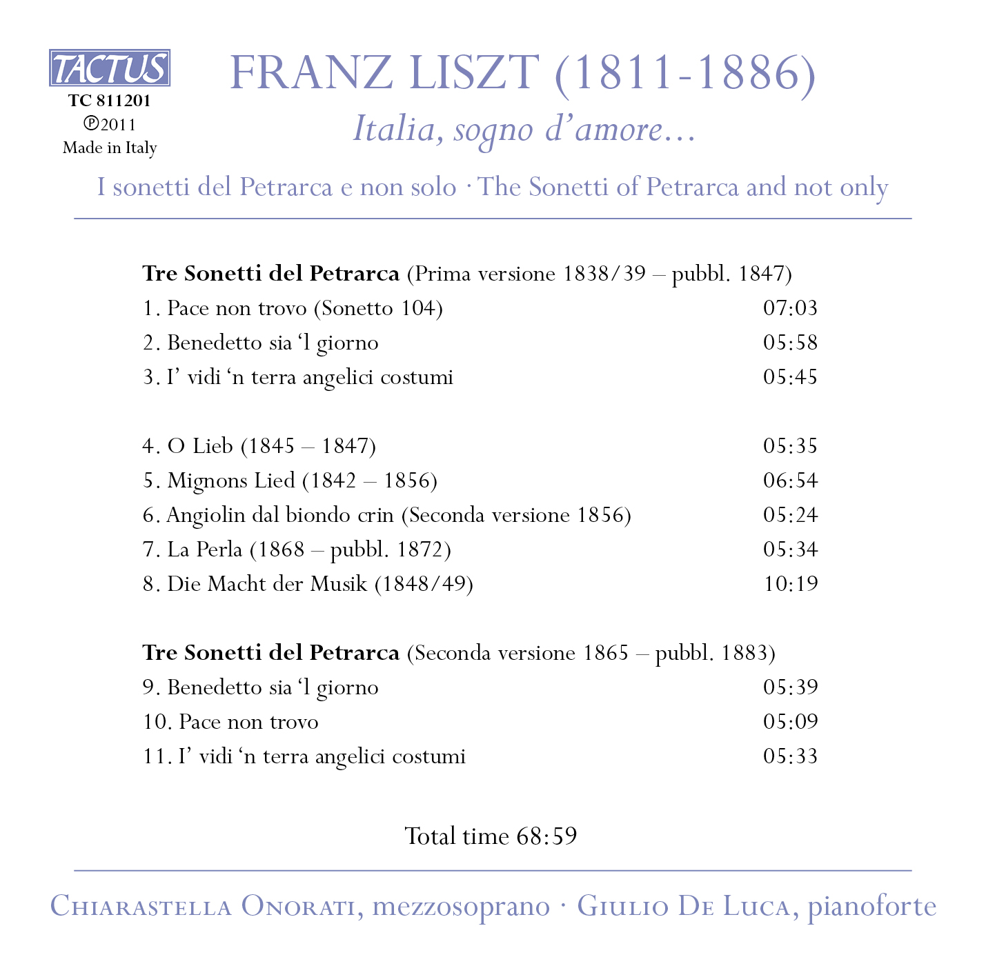 Retro di copertina con la tracklist di Liszt: Italia, sogno d’amore