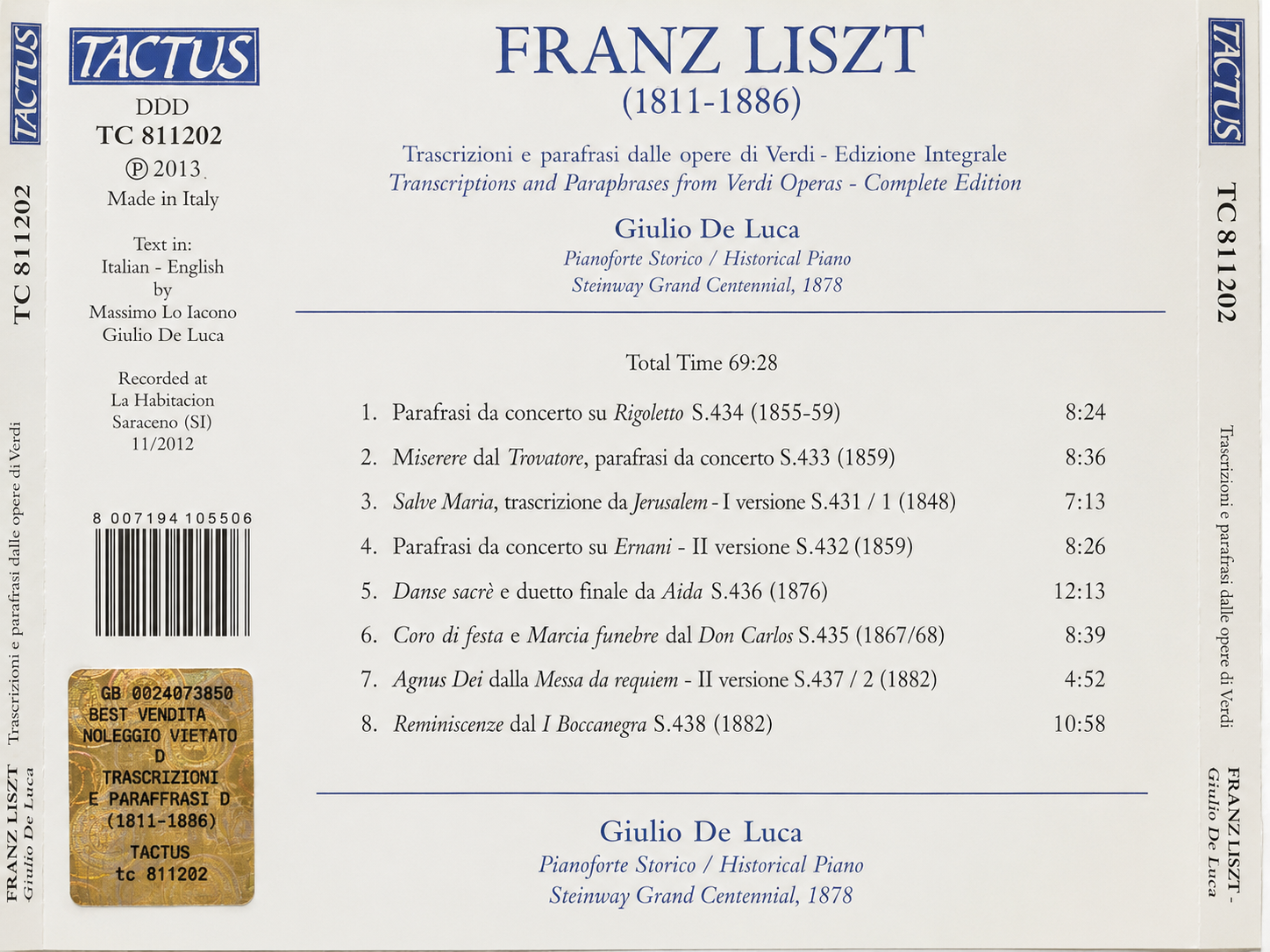 Retro di copertina con la tracklist delle trascrizioni e parafrasi lisztiane dalle opere di Verdi